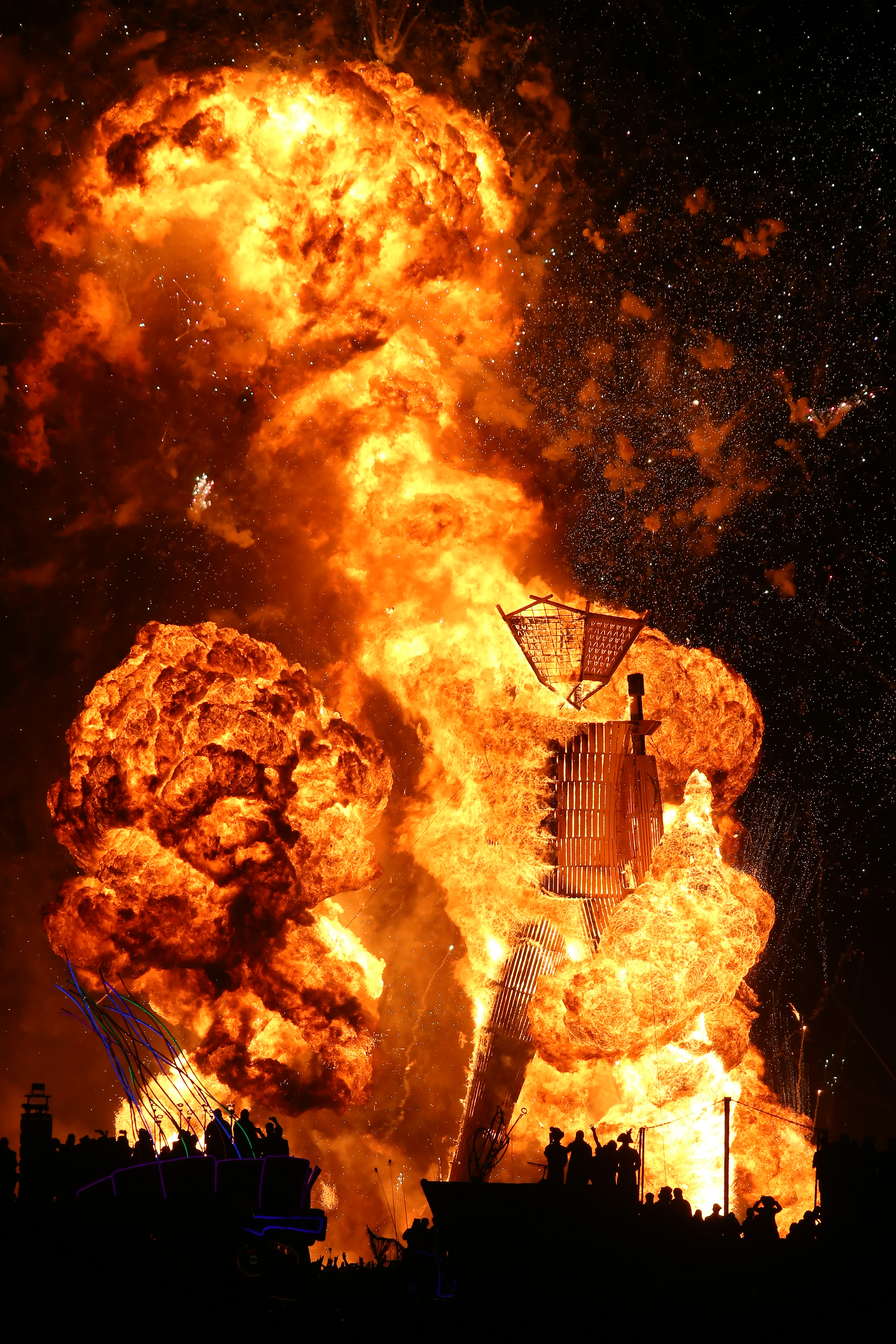 Art installations lit up at night in the Tankwa Karoo desert at AfrikaBurn