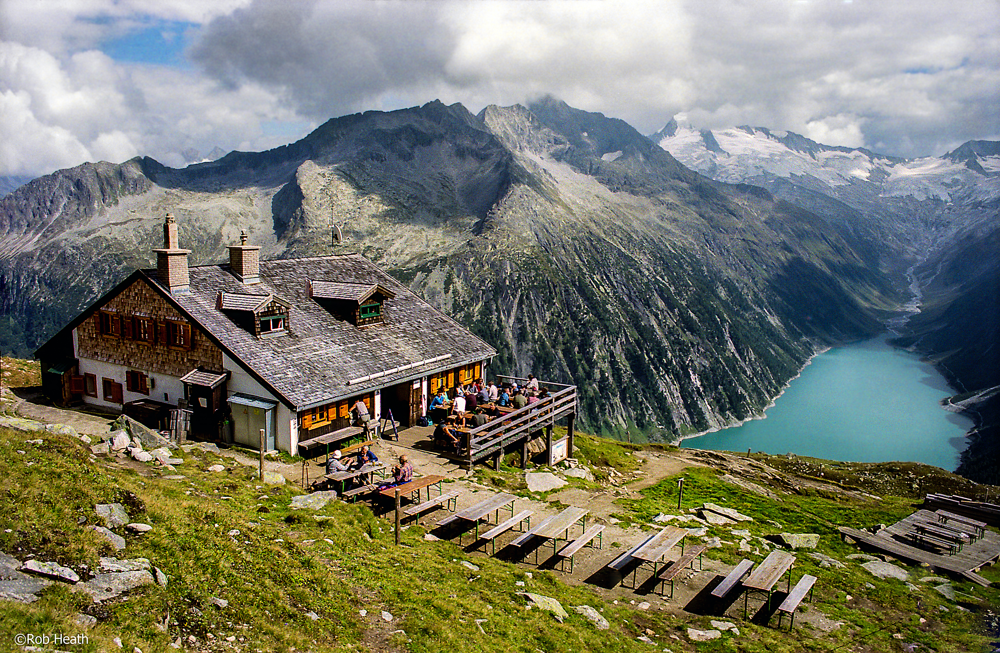 Snow-covered peaks above the Zillertal valley with the village of Mayrhofen below